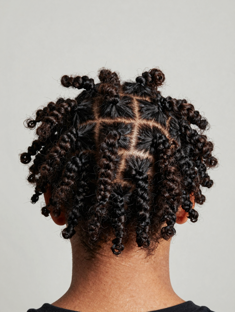 Bantu knots styled across natural coily hair, evenly sectioned