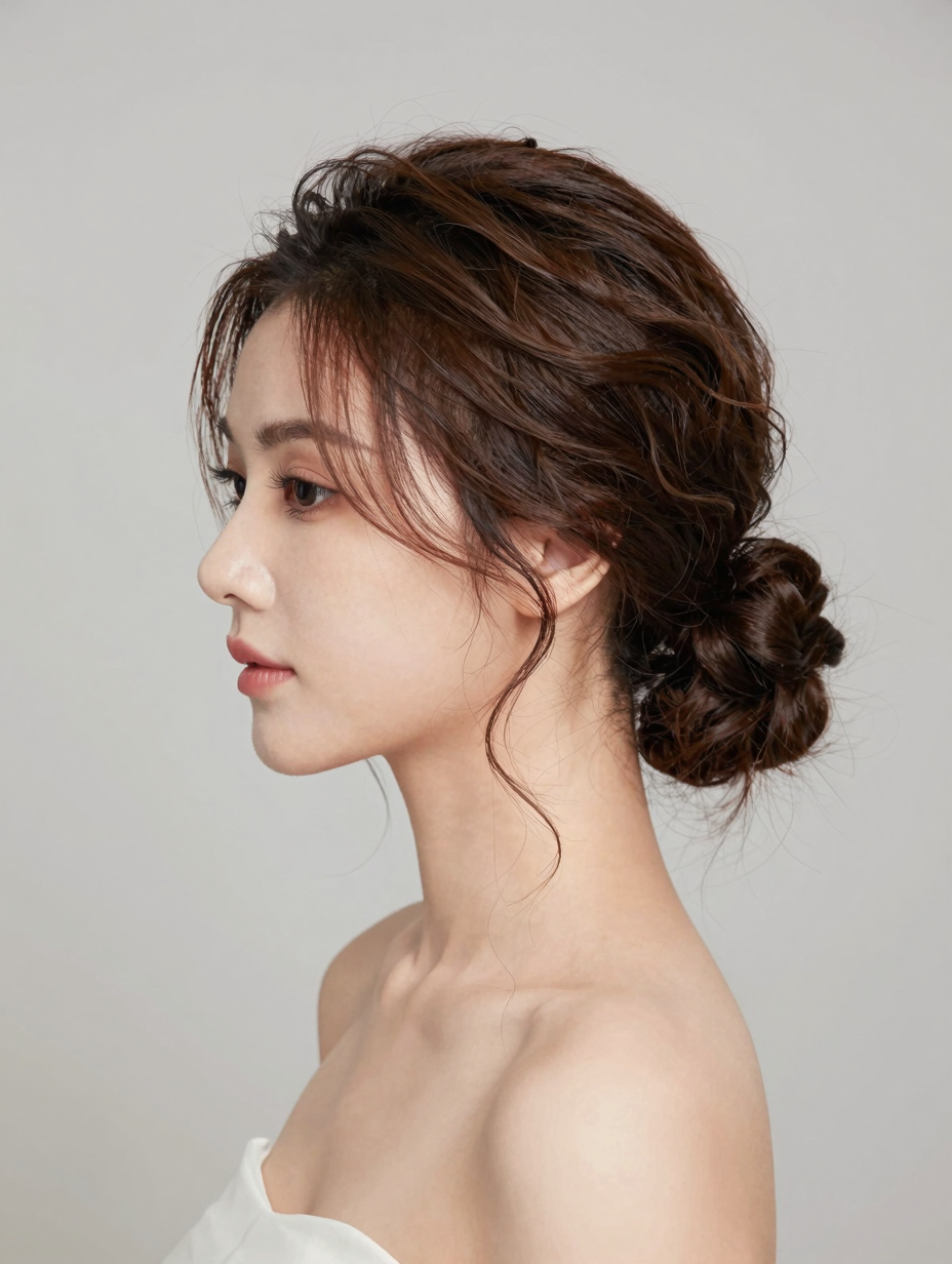 Soft low bridal bun hairstyle with loose face-framing pieces