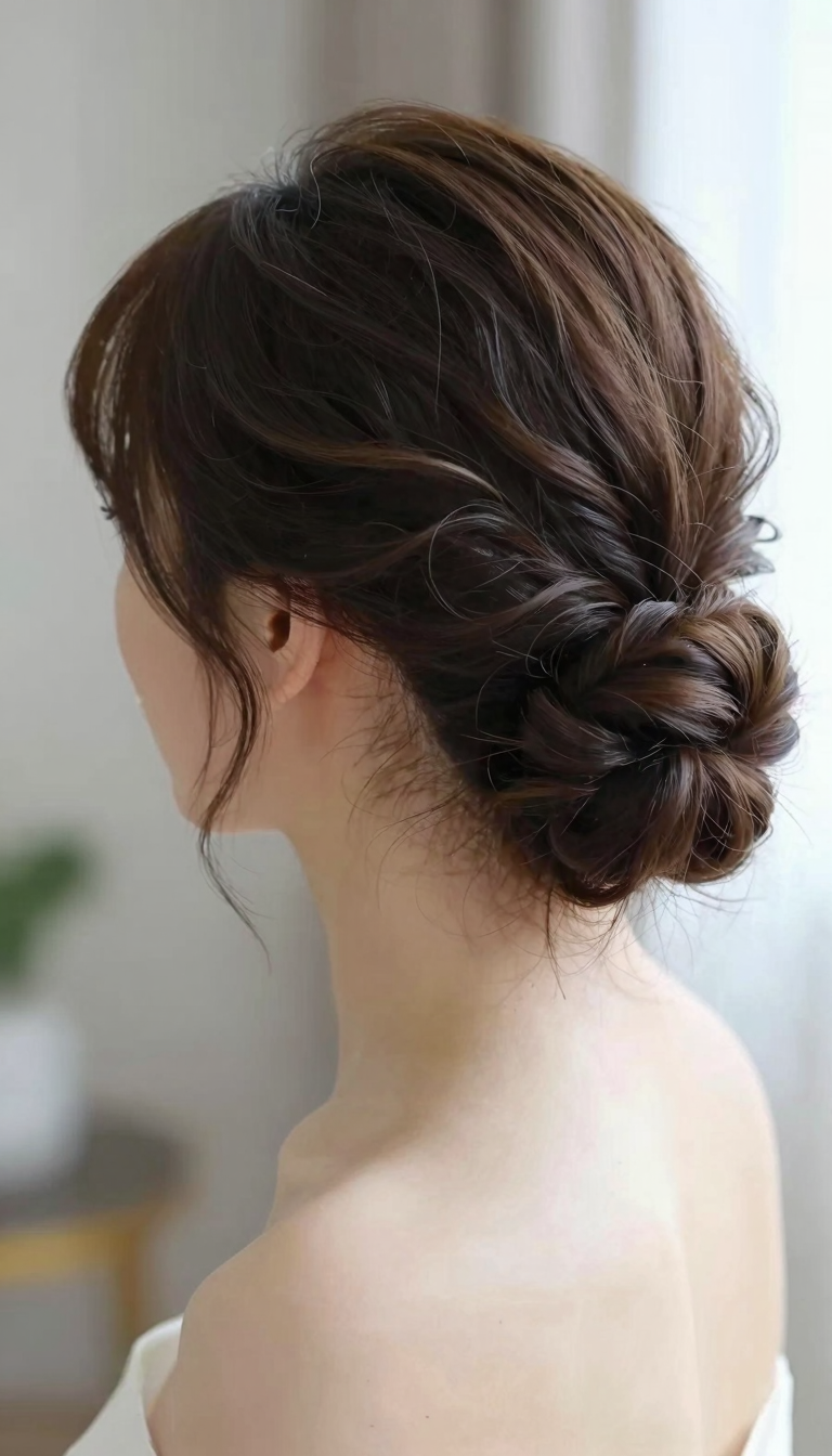 Bridal bun hairstyle, side view suitable for a veil