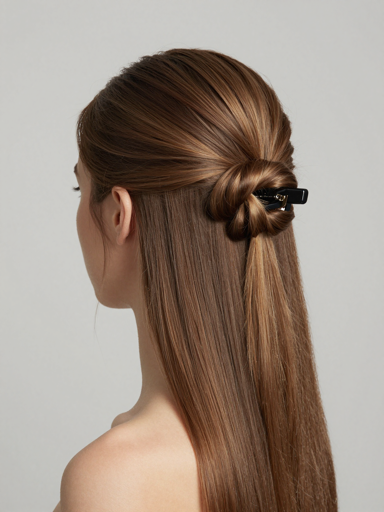 Twisted claw clip updo on long hair with volume at the crown