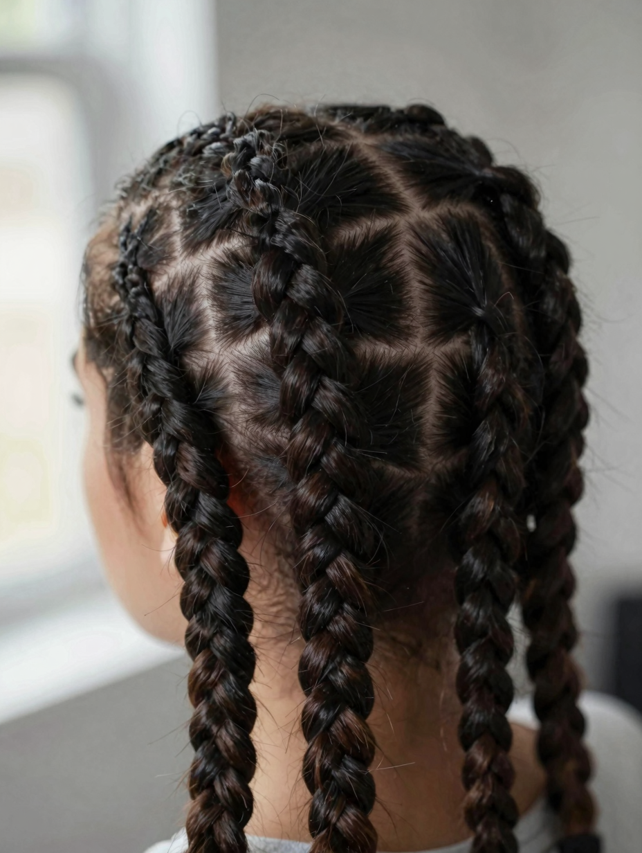 Close-up of an underhand cornrow crossover mid-braid