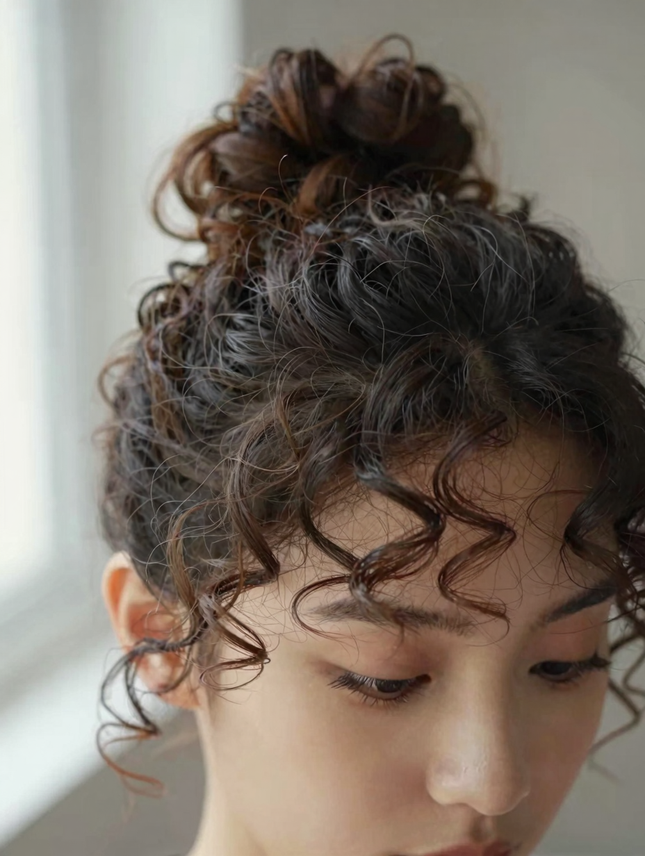 Close-up of loosely twisted curly hair secured at the base of a bun