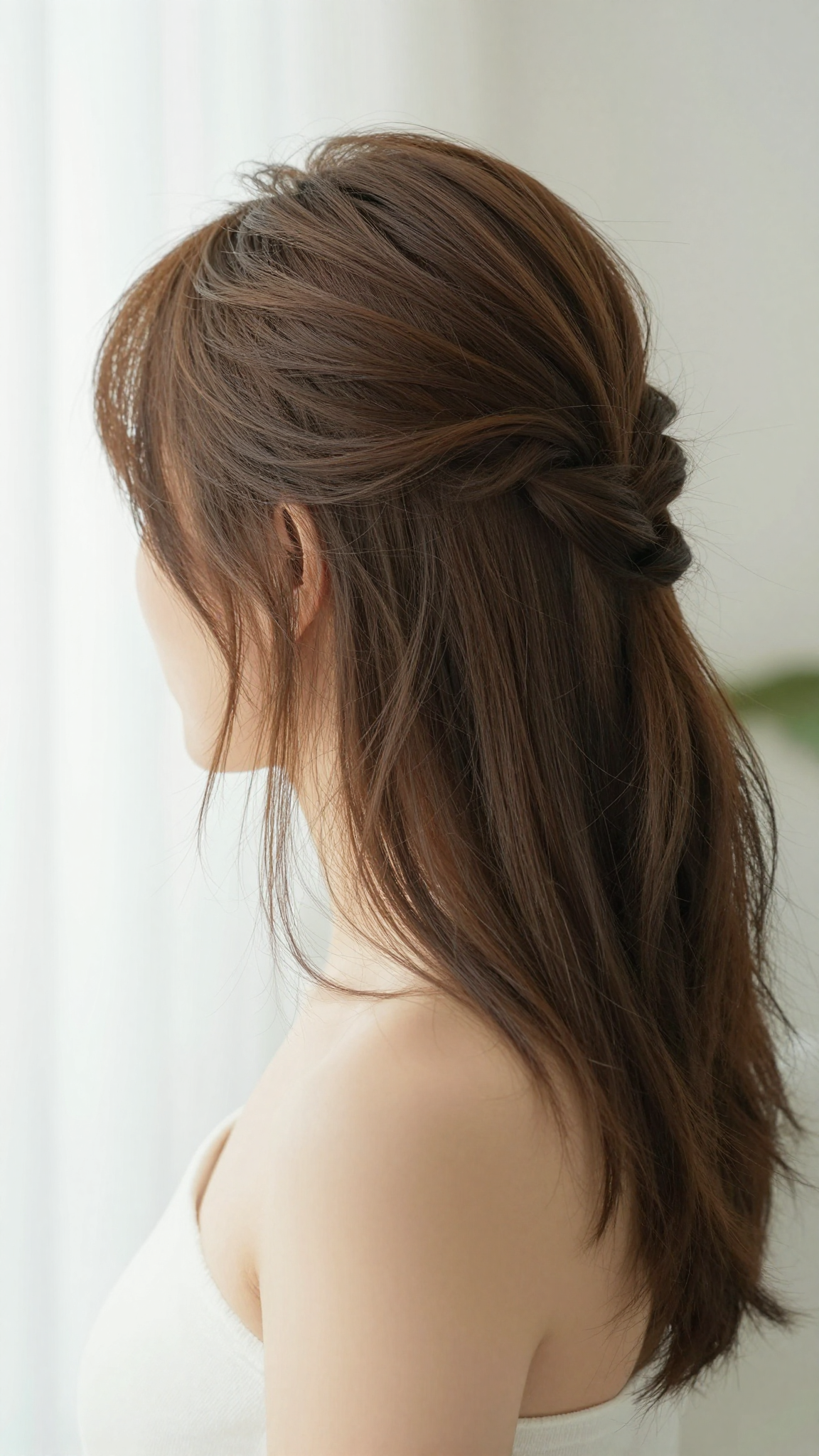 Medium-length hairstyle, front view showing the twisted half-up style