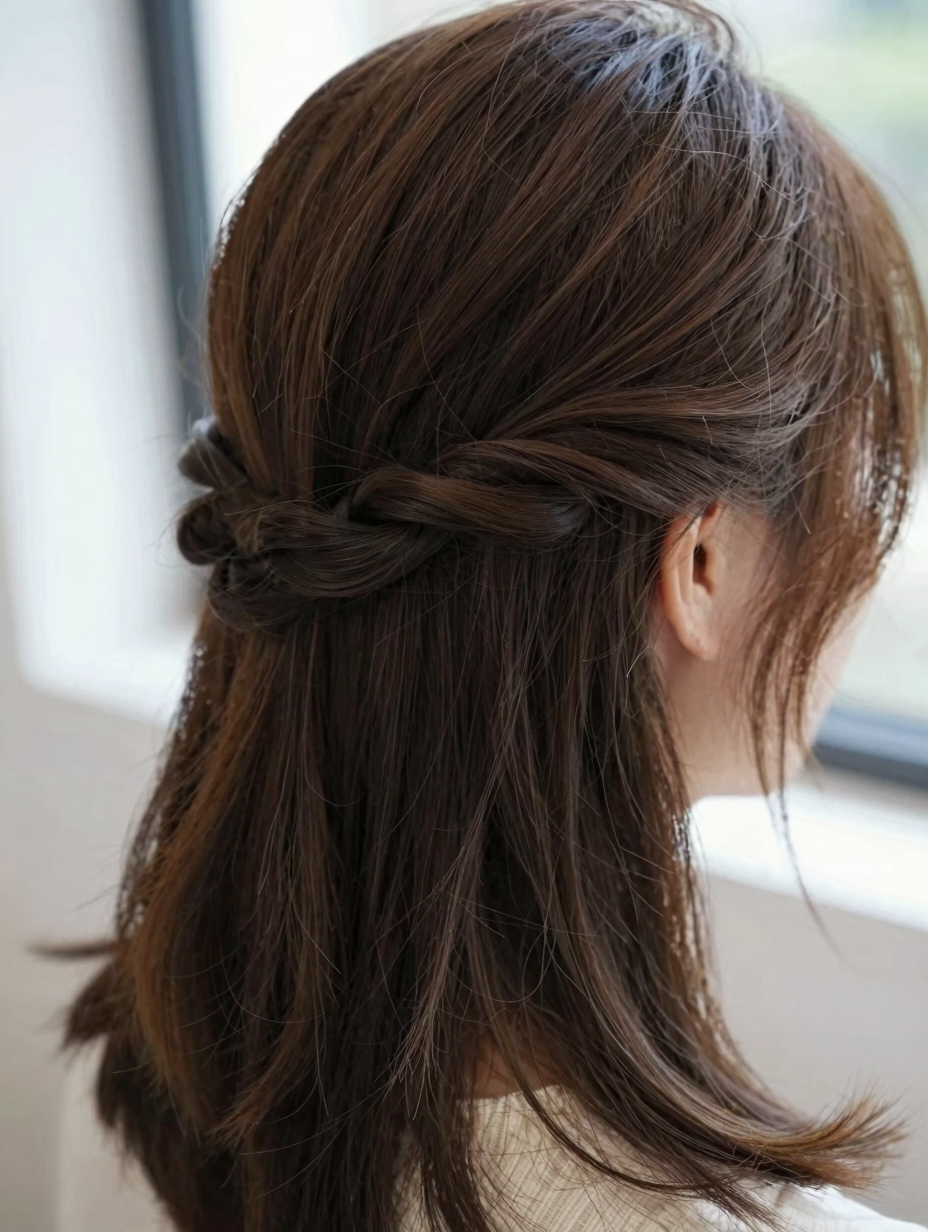 Close-up of two twisted sections crossed and pinned at the back