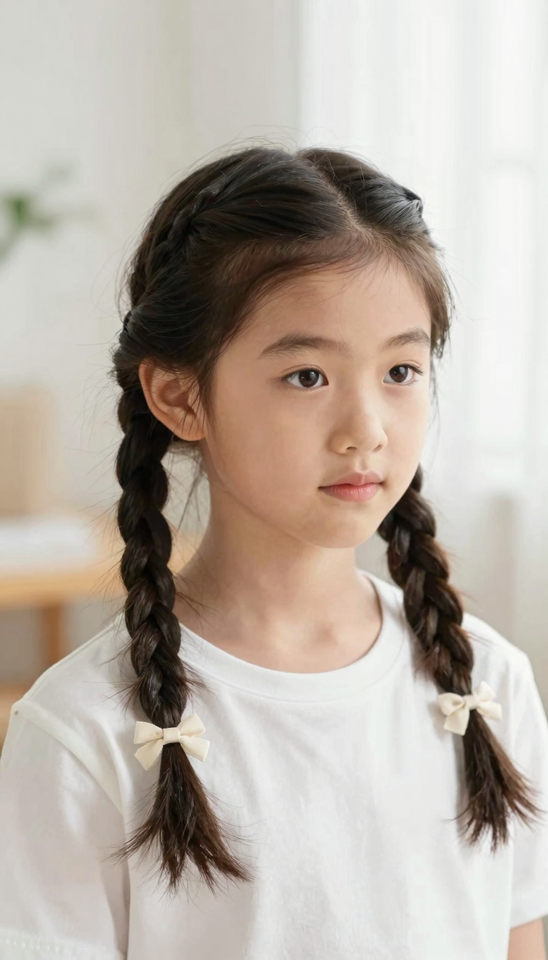 First day of school braided hairstyle, back view with bows