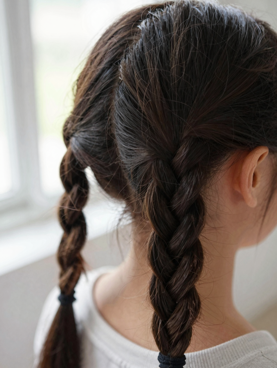 Close-up of a Dutch braid crossing under during the braiding process