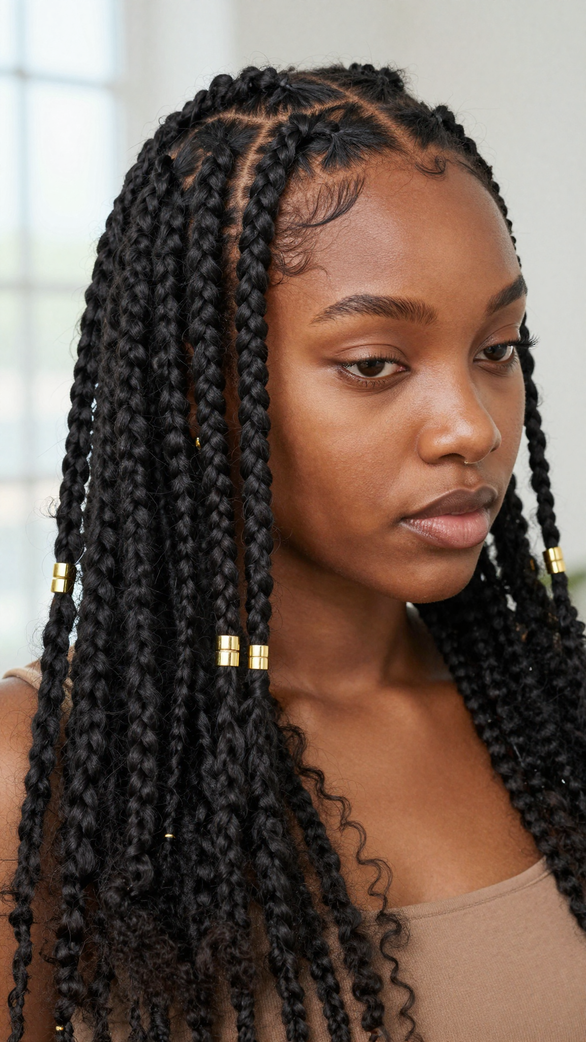 Fulani braids hairstyle with gold cuffs, front-facing view