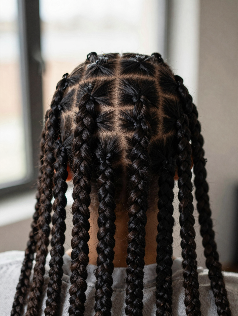 Close-up of the cornrowed center section feeding into hanging Fulani braids