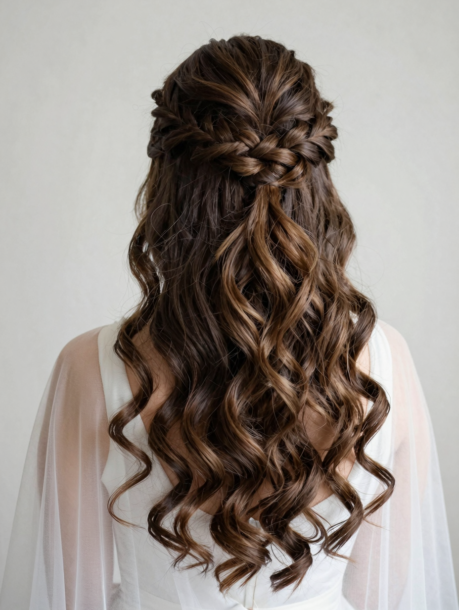 Half-up half-down wedding hairstyle with braided crown and loose curls