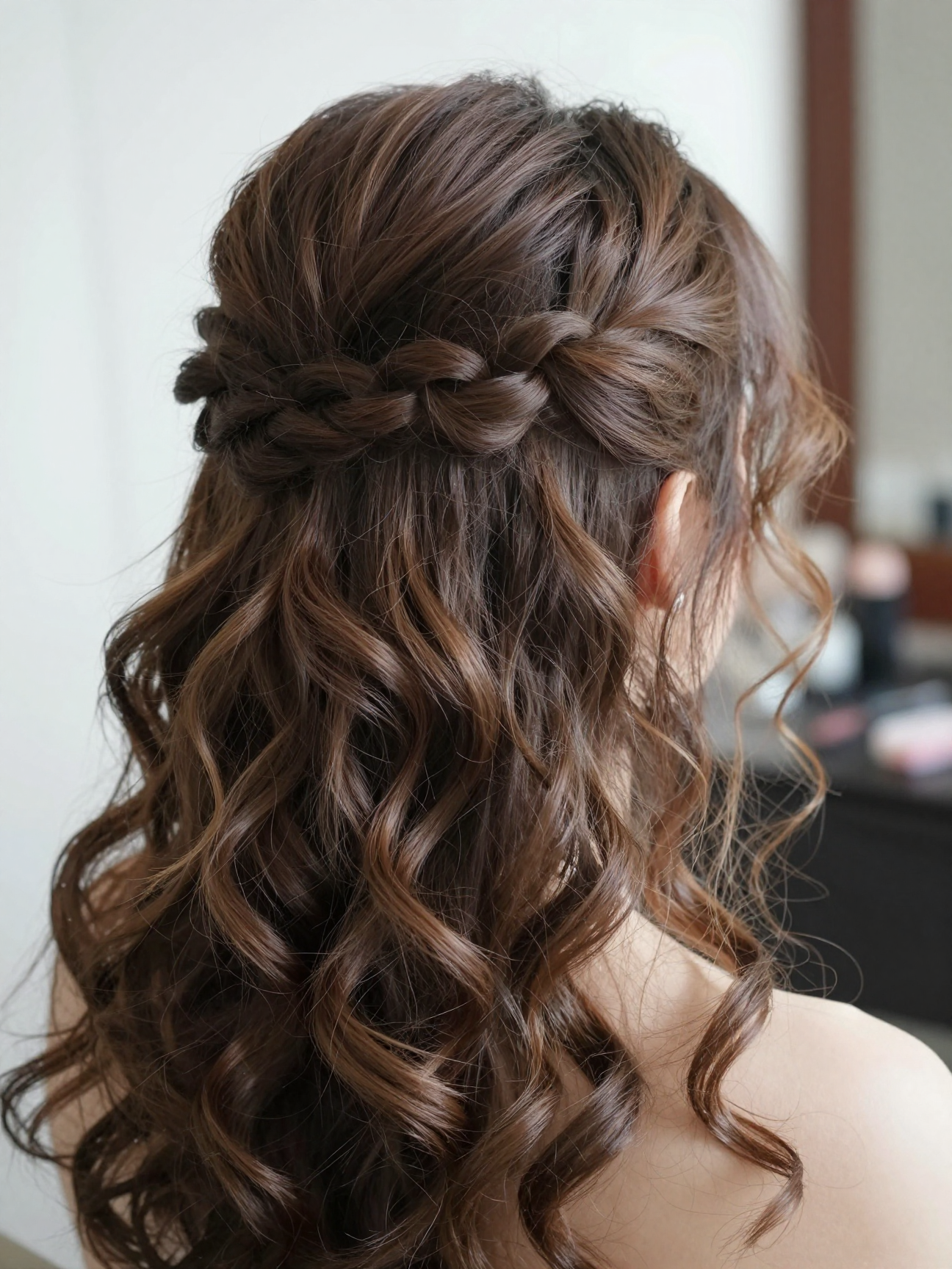 Close-up of two braided sections crossed and pinned at the back of the head