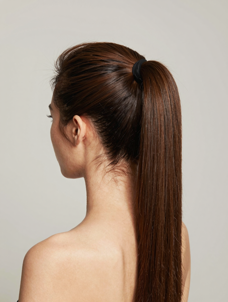 Sleek high ponytail hairstyle with lifted volume at the crown