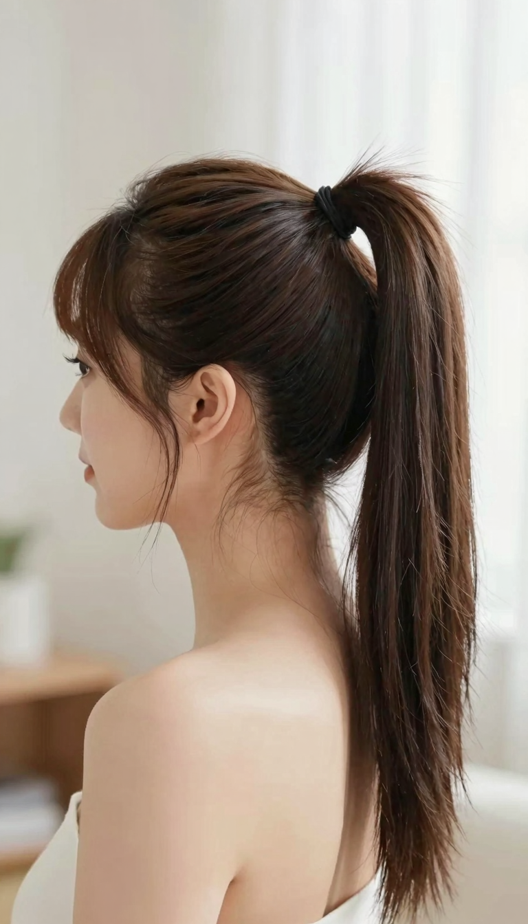 High ponytail hairstyle, side profile with smooth finish