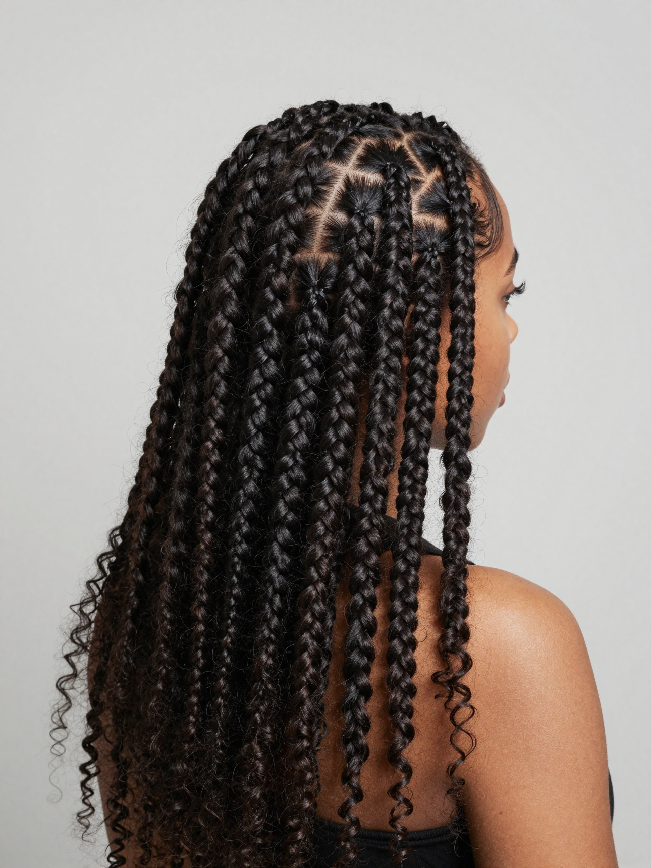 Knotless box braids styled in a half-up half-down look on coily hair