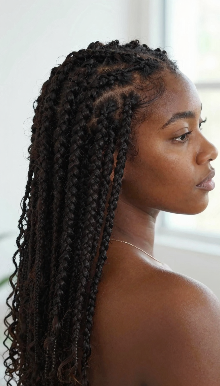 Knotless box braids hairstyle, side profile with beads at the ends