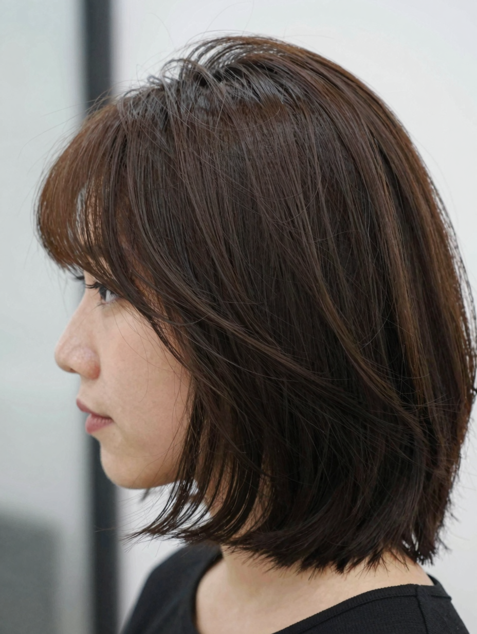 Close-up of round-brush blowout technique on bob-length hair