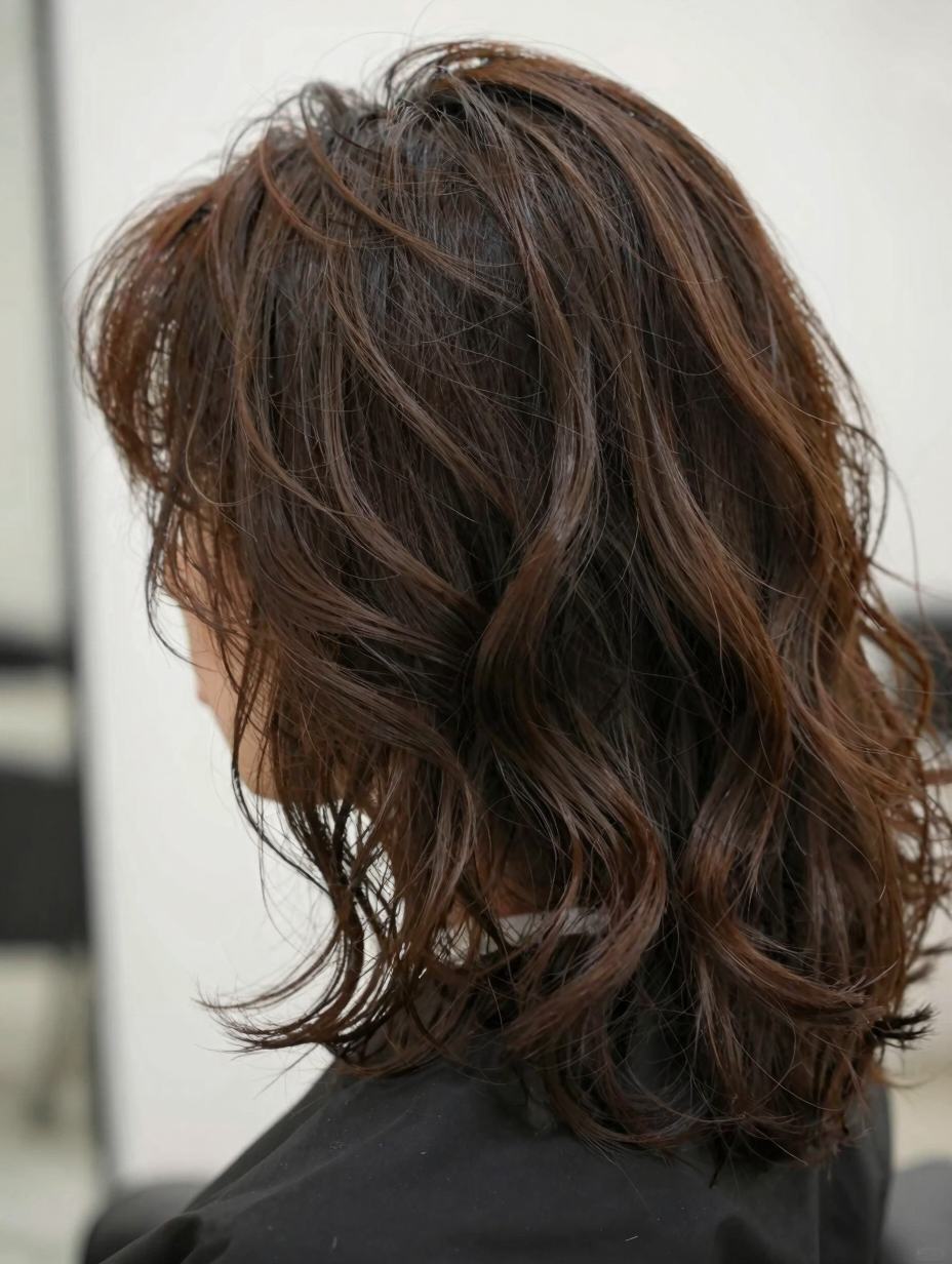 Close-up of alternating-direction curl pattern on lob-length hair