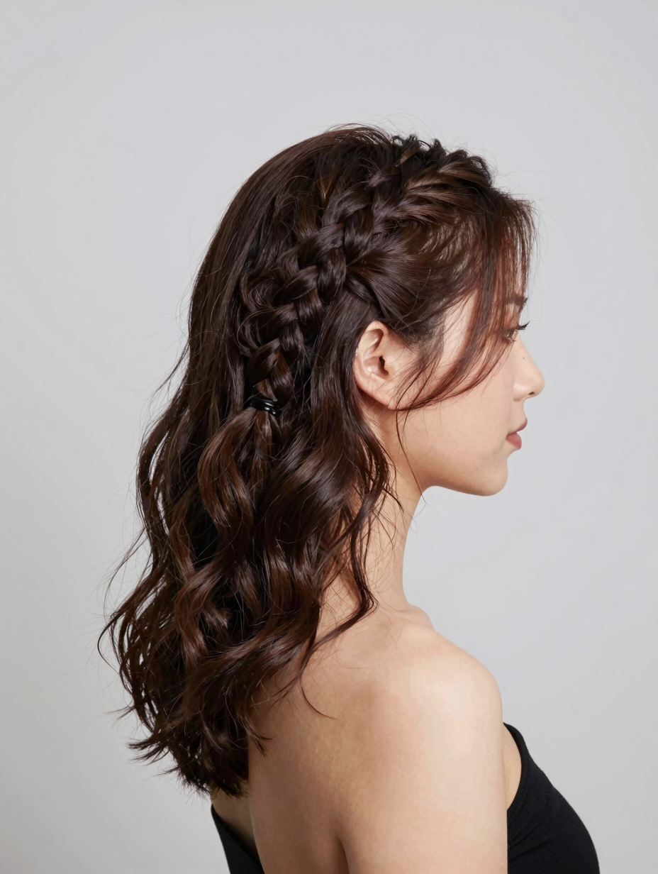 Medium-length hair styled in an angled side braid
