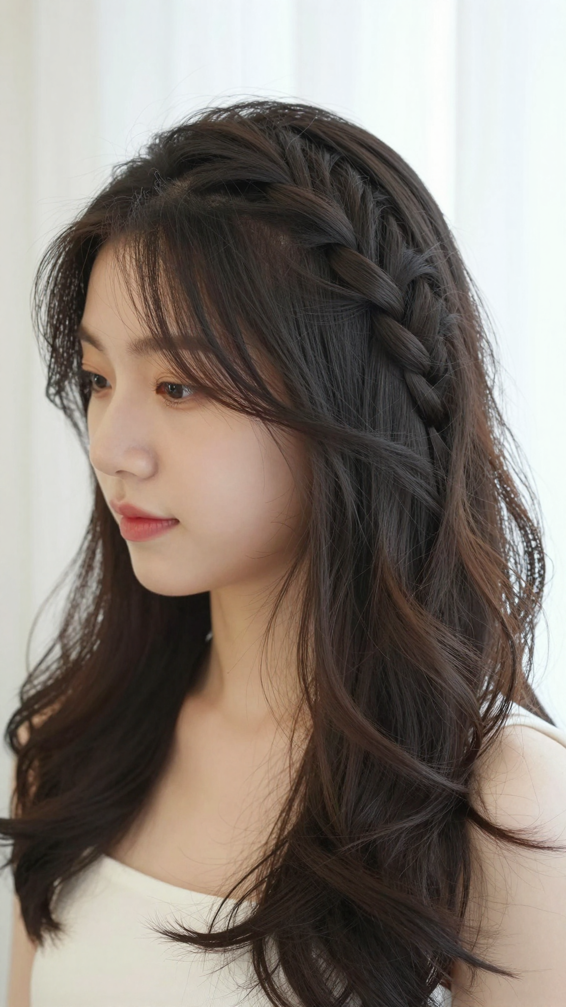 Medium-length braided hairstyle, side profile view