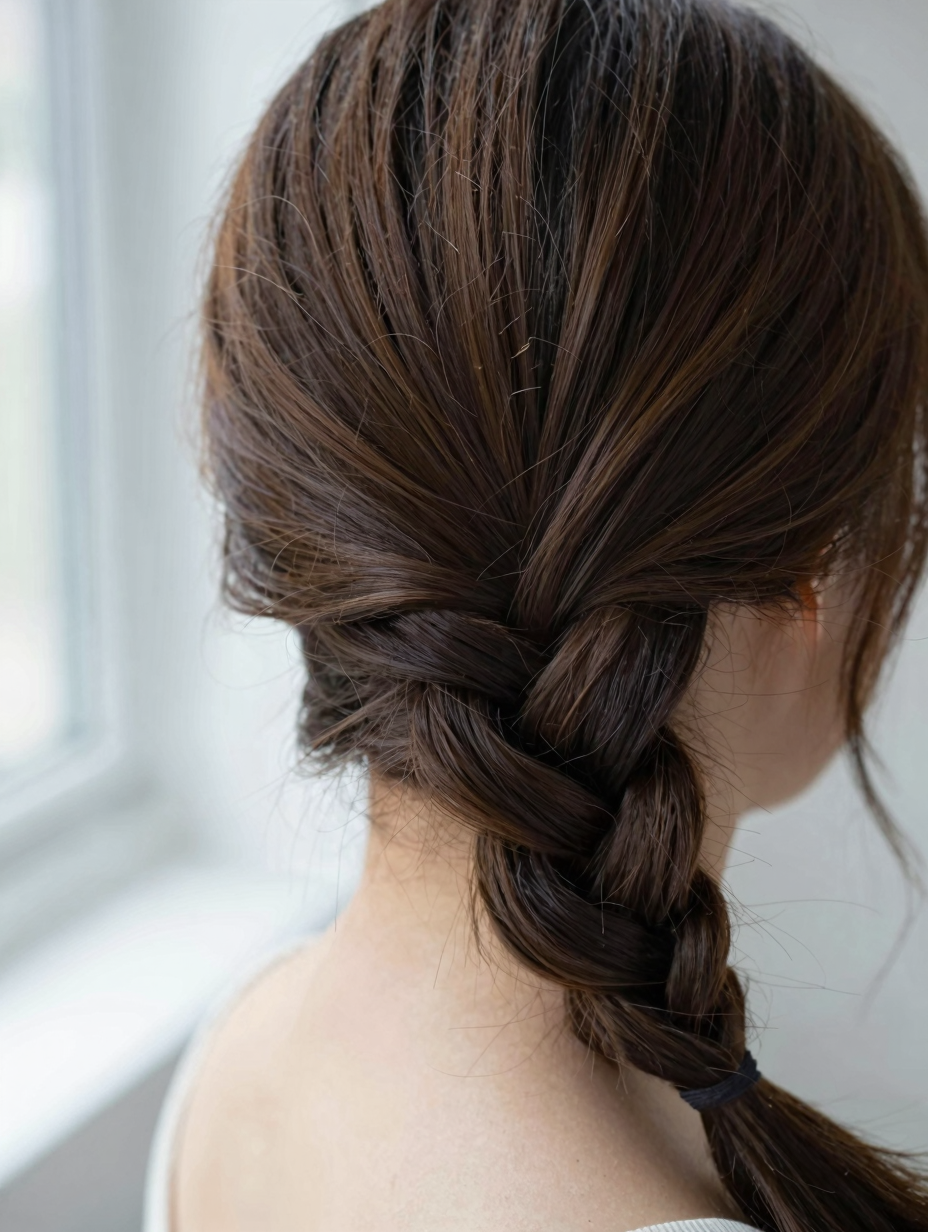 Close-up of a side braid feeding in hair from a deep part