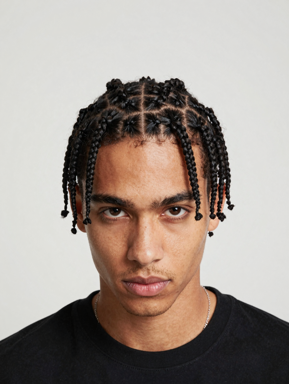 Men's cornrow braids in straight-back rows on short coily hair