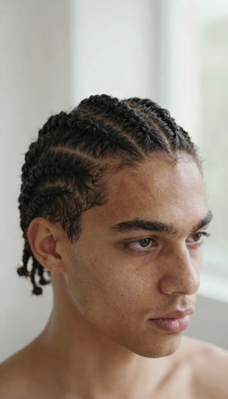 Men's cornrow hairstyle, back view showing even straight rows