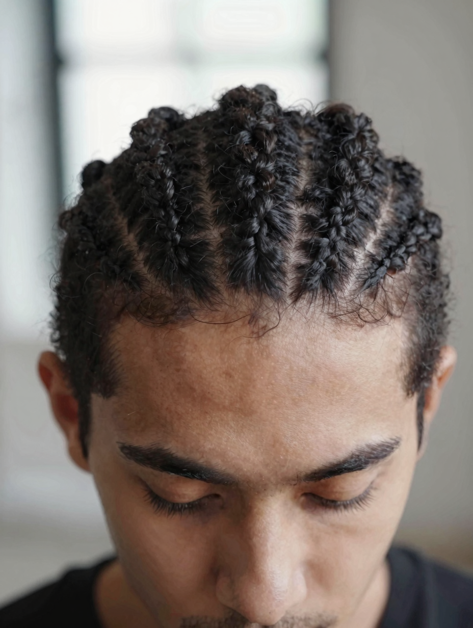 Close-up of an underhand cornrow row on short textured men's hair