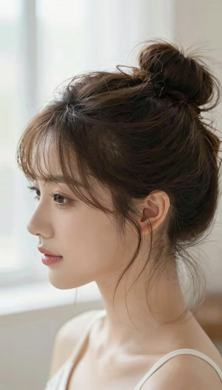 Messy updo bun hairstyle, three-quarter view