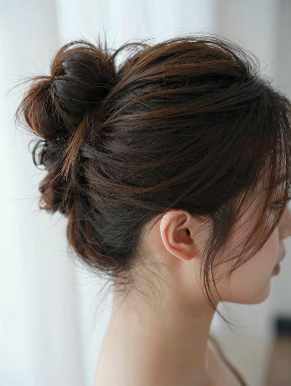 Close-up of a loosely twisted bun secured with bobby pins at different angles
