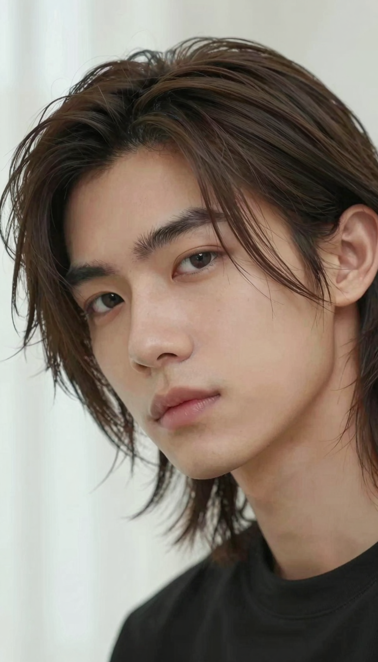 Men's middle part hairstyle, front-facing view