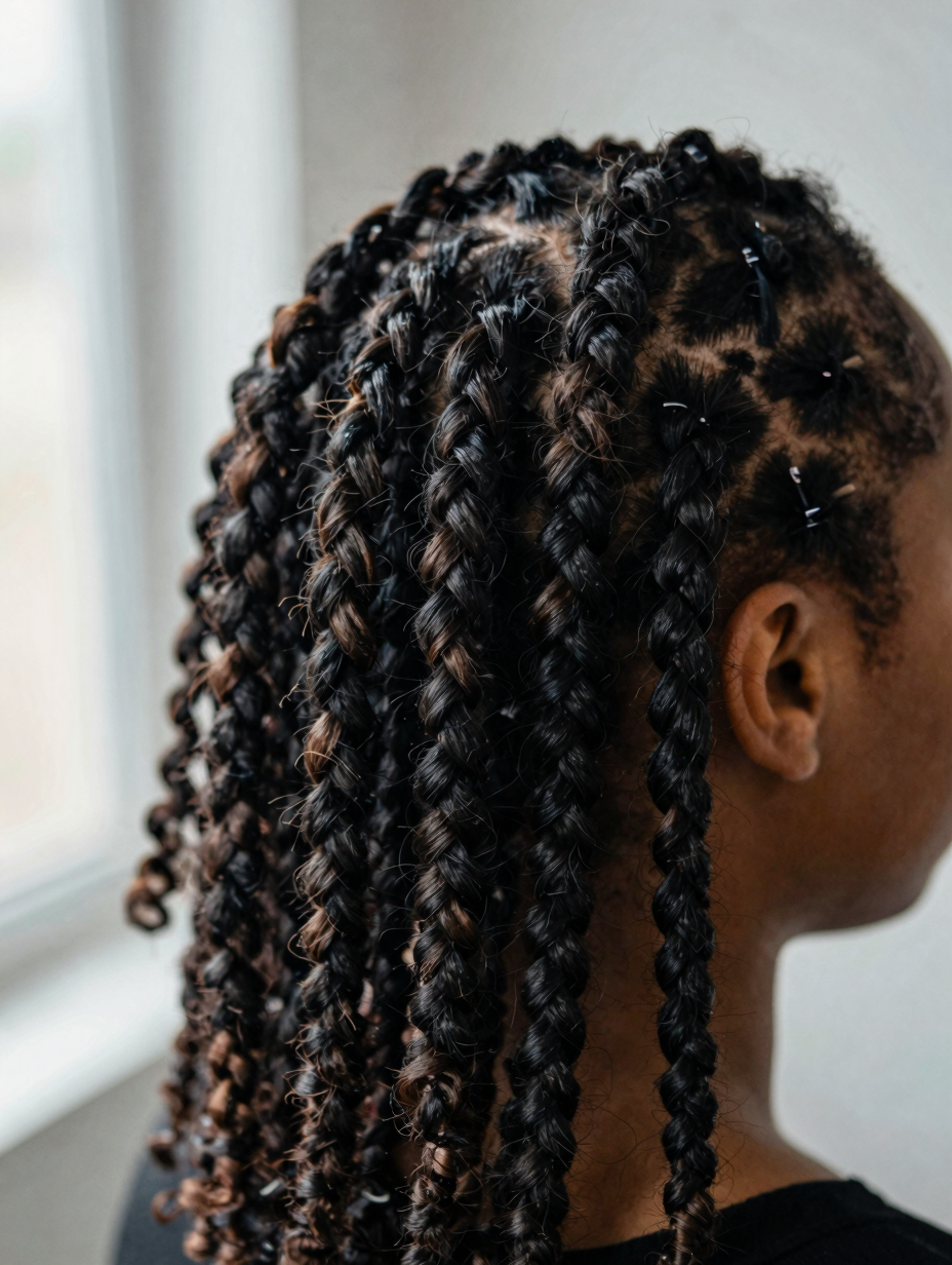 Close-up of two-strand twists before unraveling, showing moisture sheen