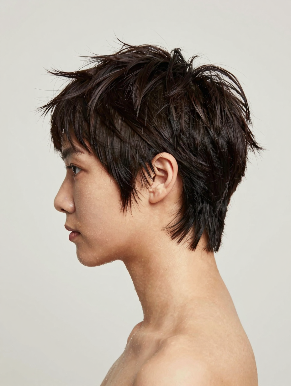Textured pixie cut hairstyle with lifted roots and defined top pieces