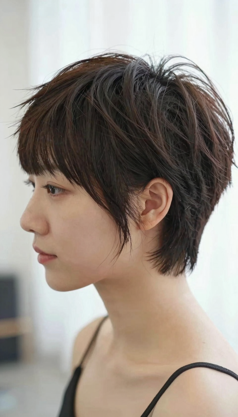 Pixie cut hairstyle, front-facing view with soft side definition