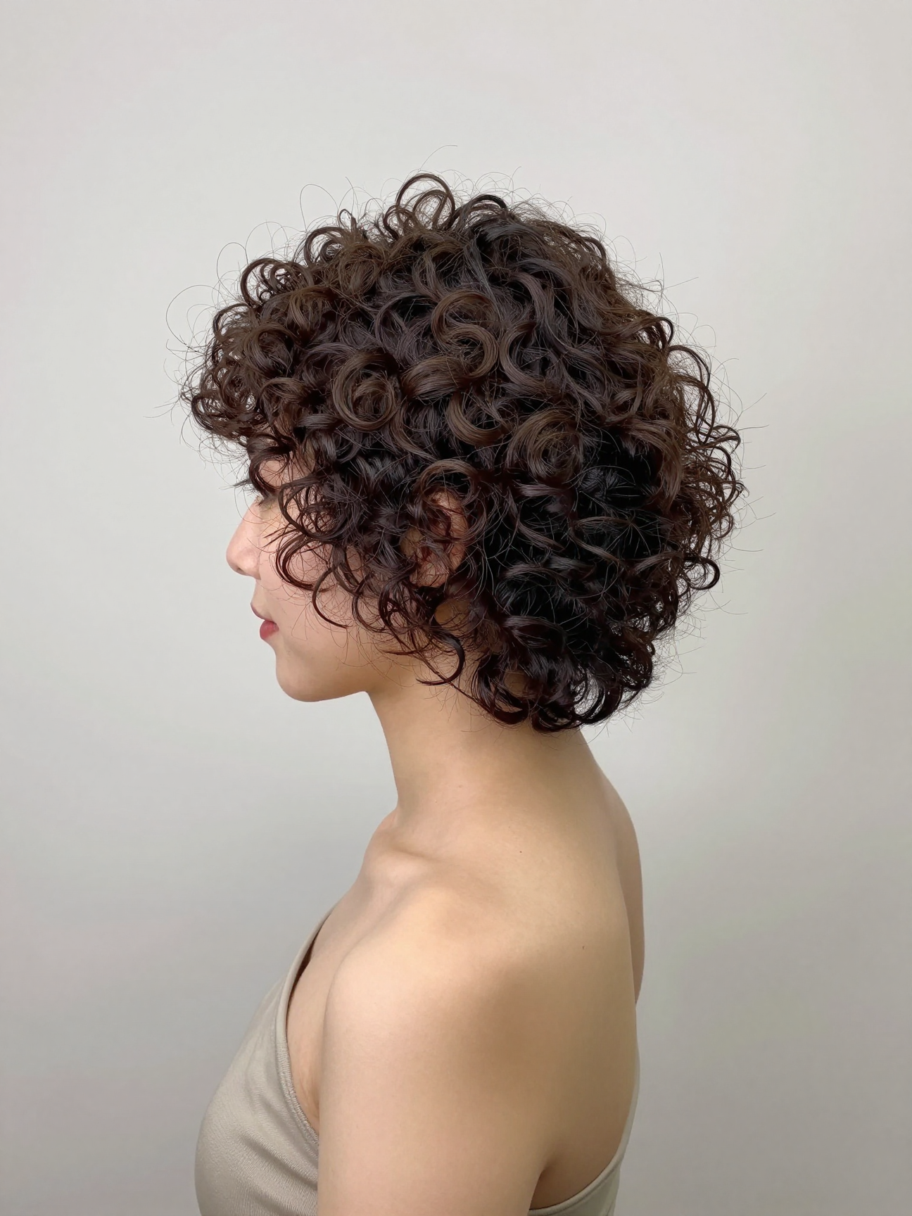 Short curly hairstyle with defined bouncy curls above the shoulder