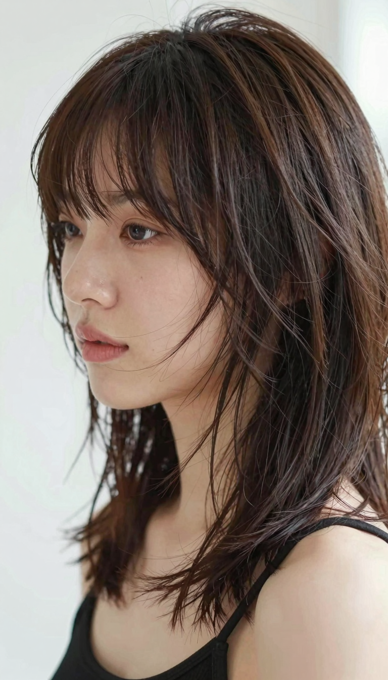 Short shag hairstyle, front view showing heavy textured fringe