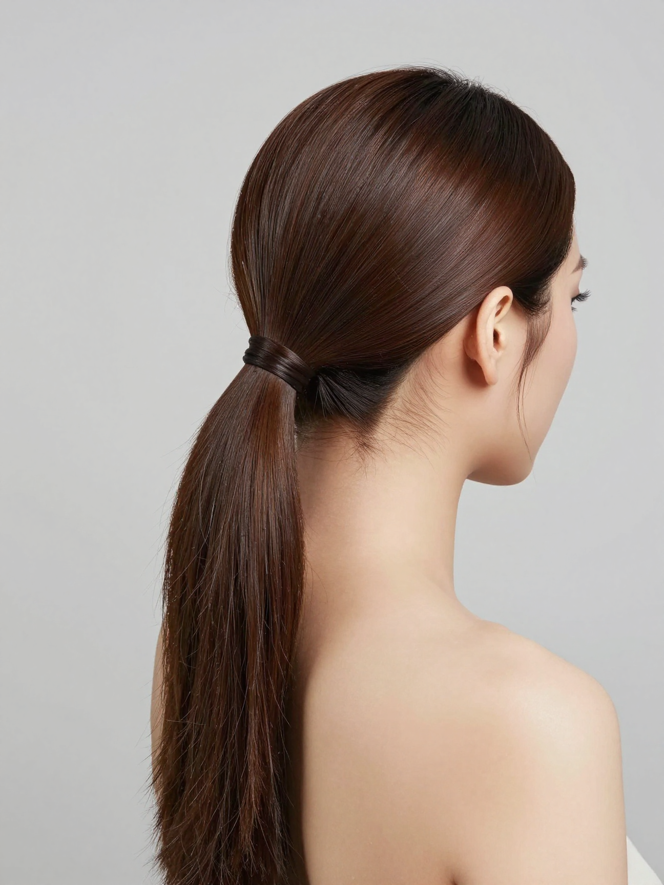 Sleek low ponytail hairstyle with smooth, polished finish at the nape