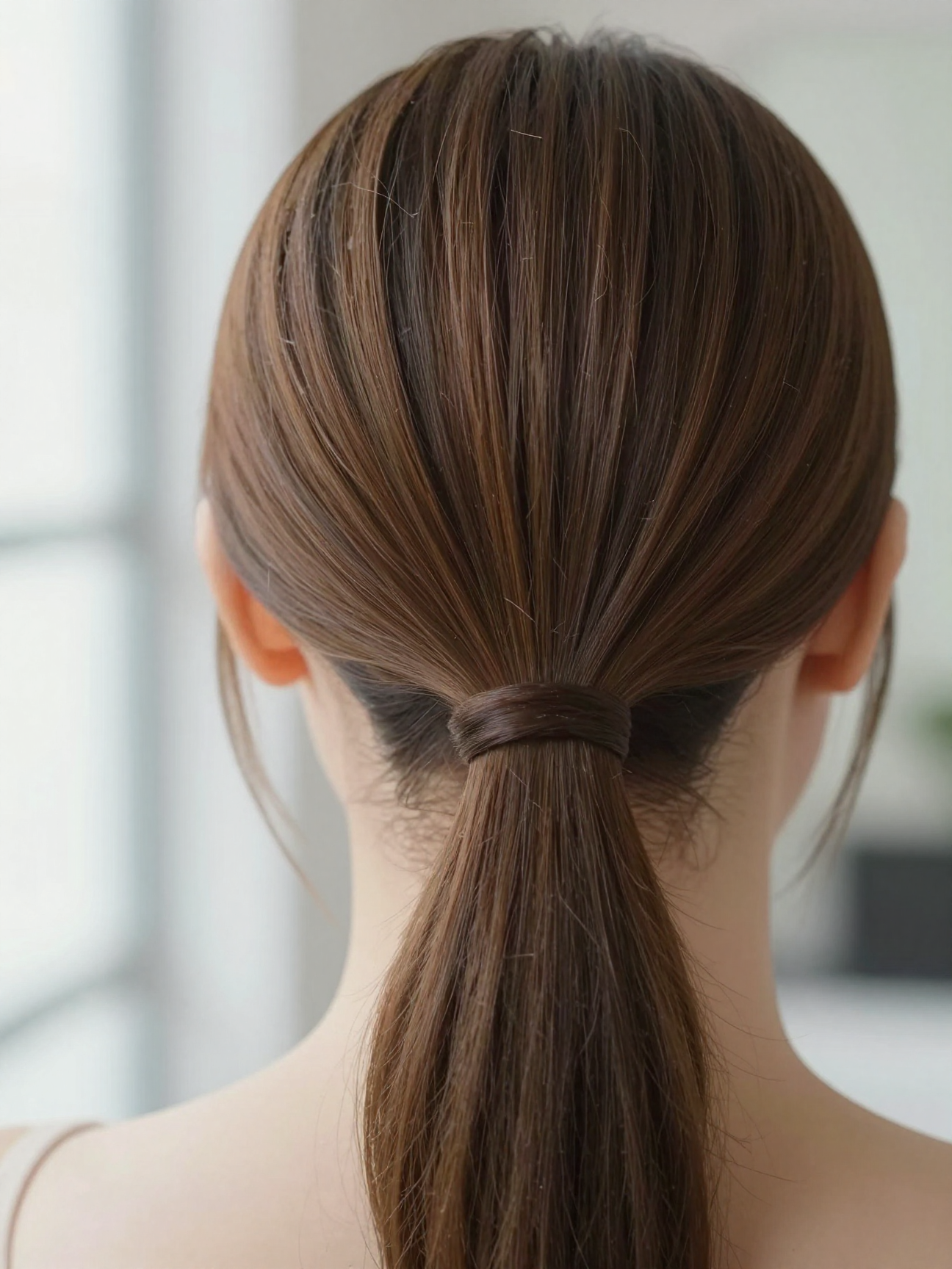 Close-up of a low ponytail base wrapped to hide the elastic