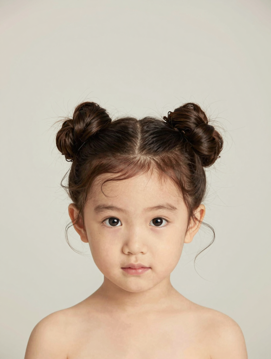 Toddler girl with two low pigtail puffs, gentle low-tension hairstyle