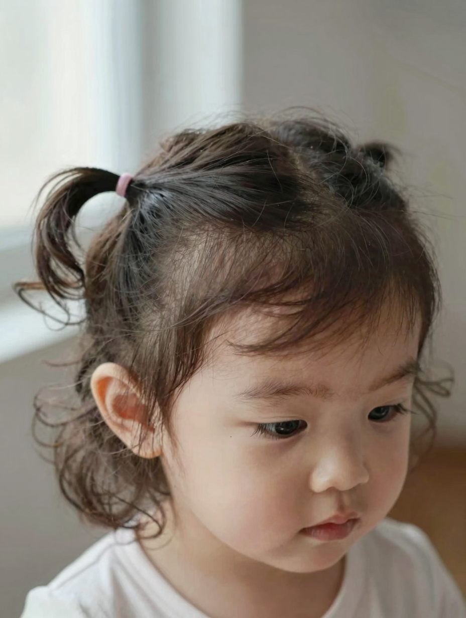 Close-up of a soft snag-free elastic securing a small toddler pigtail puff