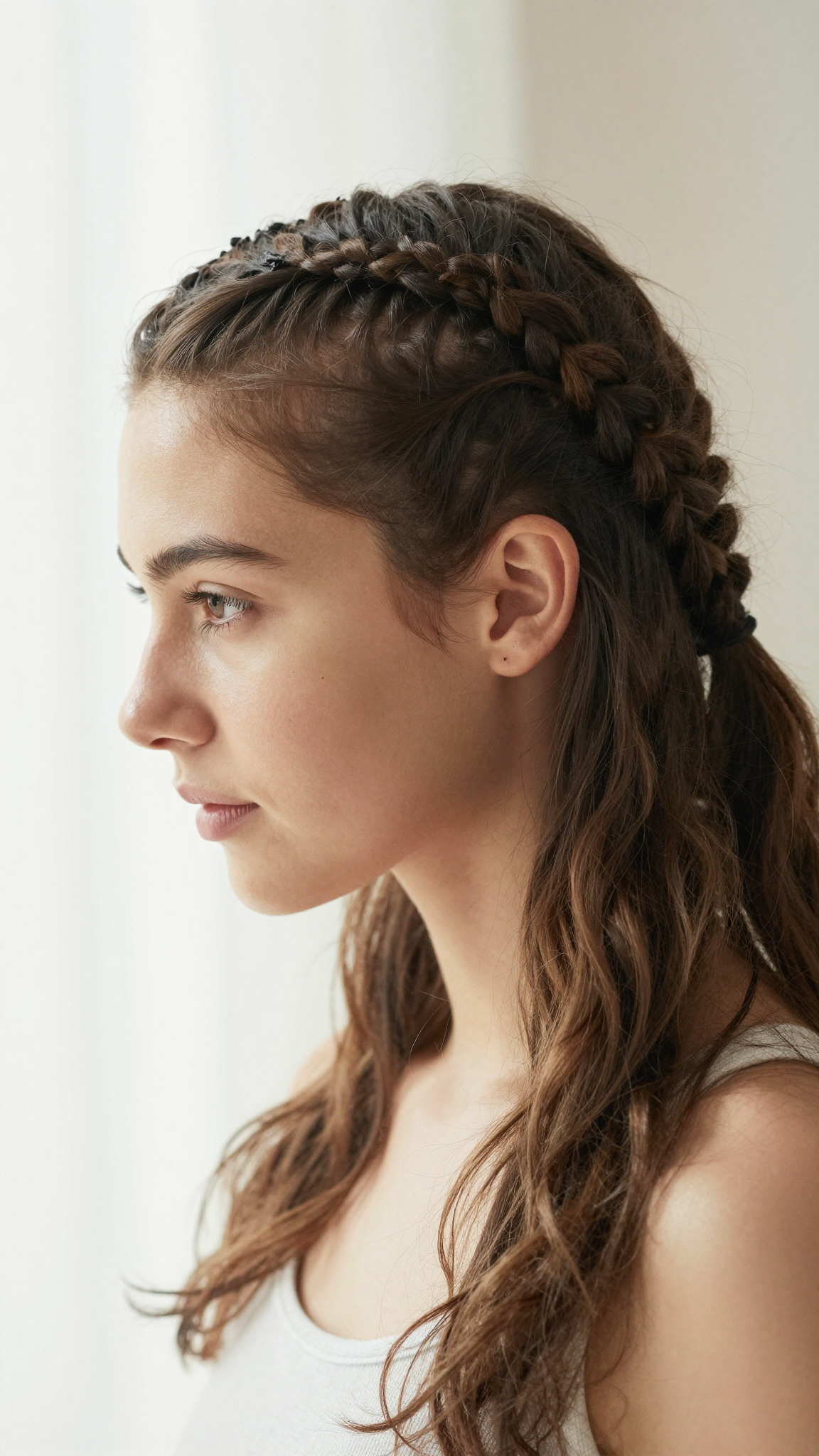 Volleyball hairstyle, back view showing two secured braids