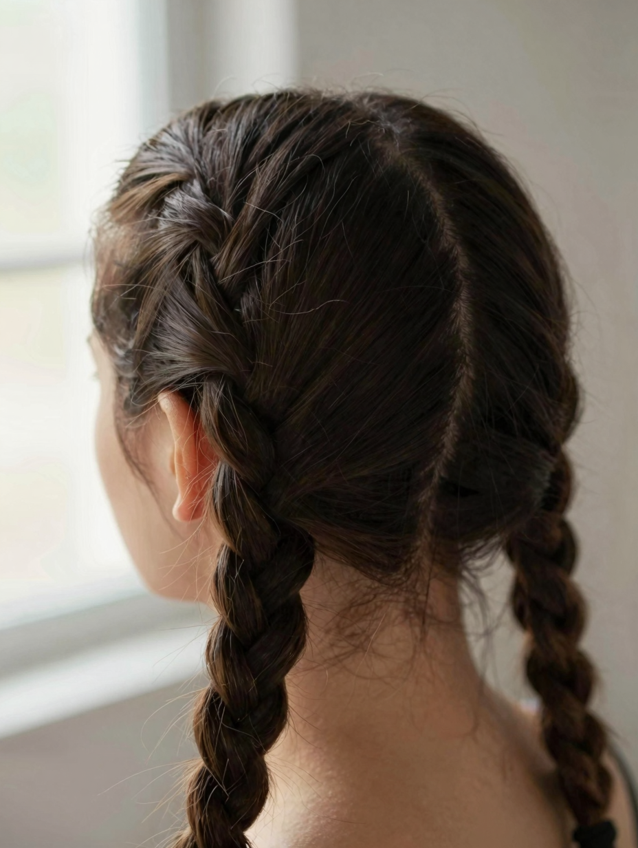 Close-up of a tightly braided section secured at the nape for sports