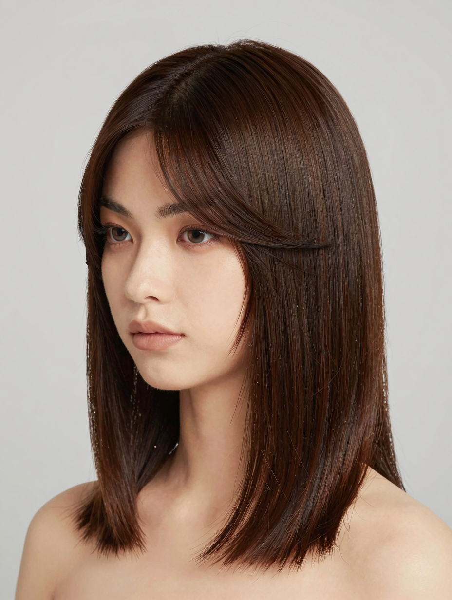 Wig styled with a deep side-part swoop bang across the forehead