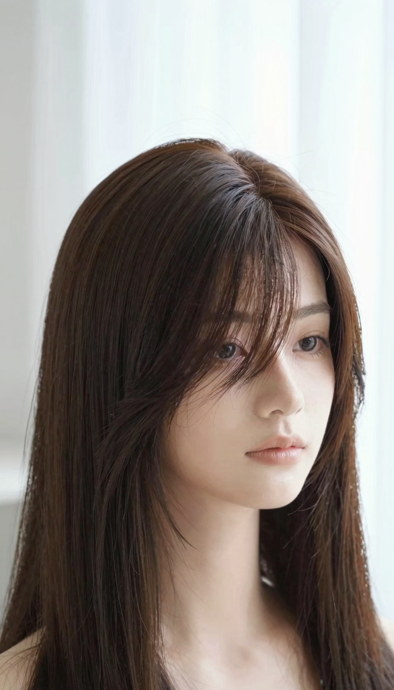 Wig swoop hairstyle, front view with off-center parting